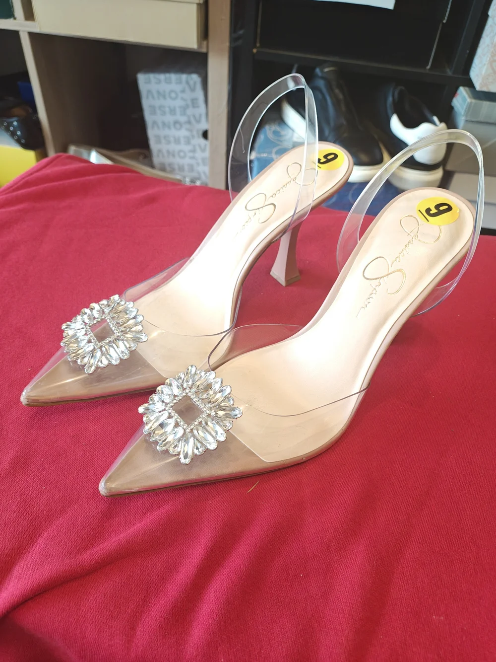 Jessica Simpson Clear PVC Slingback Heels with Crystal Brooch - Nude